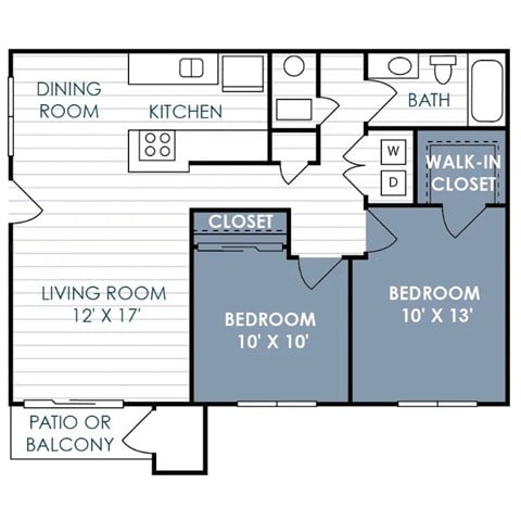 Floor plan for 2 beds, 1 bath, 858 sqft